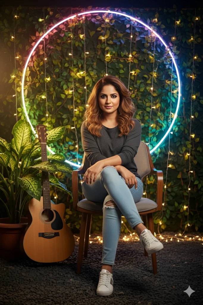 Artistic Nighttime Portrait with Guitar Accent