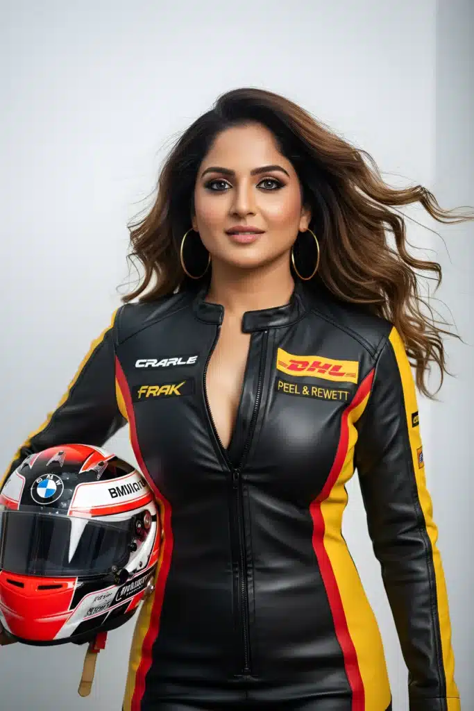 Confident Racing Beauty with Dynamic Hair