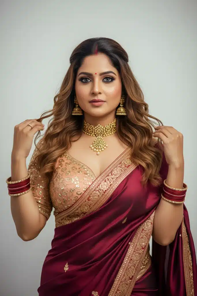 Elegant Maroon Saree Portrait with Gold Accents