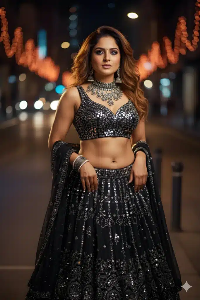 Glamorous Night Street Style in Black Lehenga