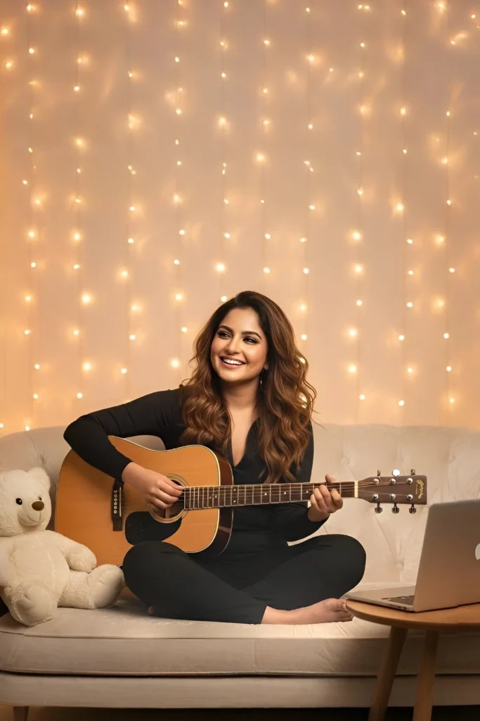 Woman Strumming Acoustic Guitar with Warm Amber Tones