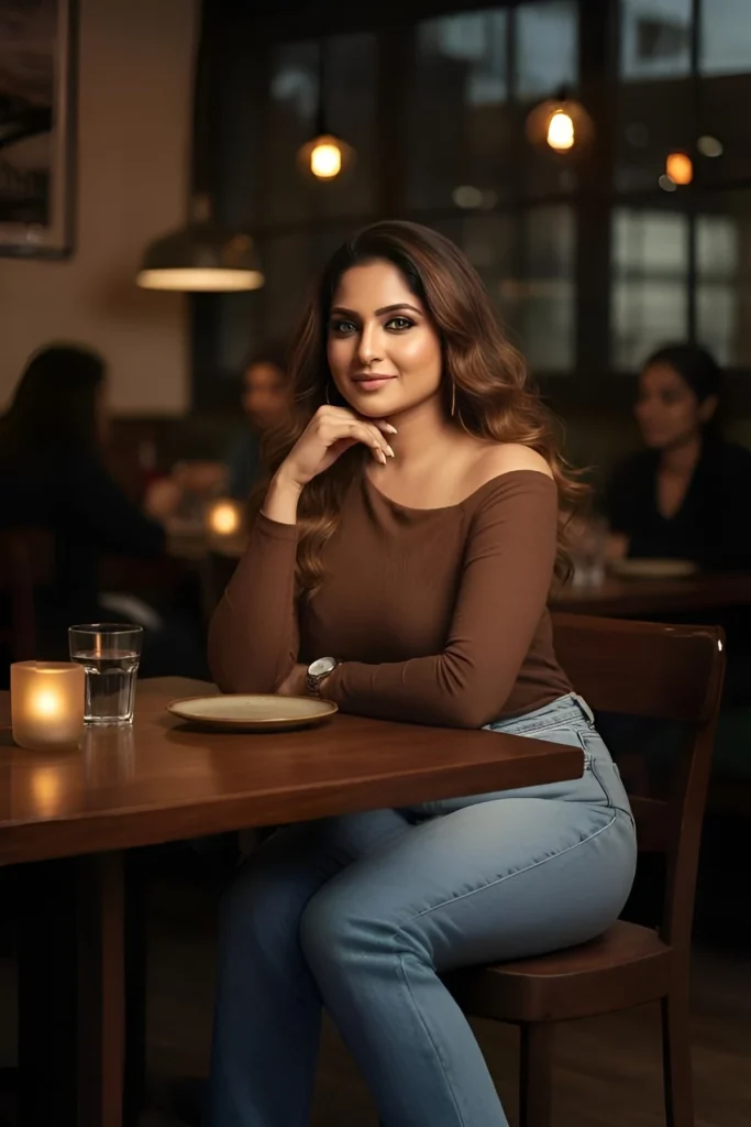 Off-Shoulder Top, Light Jeans, and Silver Watch at a Cafe